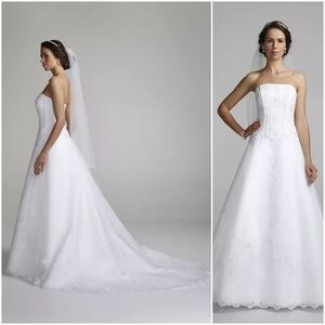 David's Bridal Strapless Organza Corset Gown with Beaded Lace